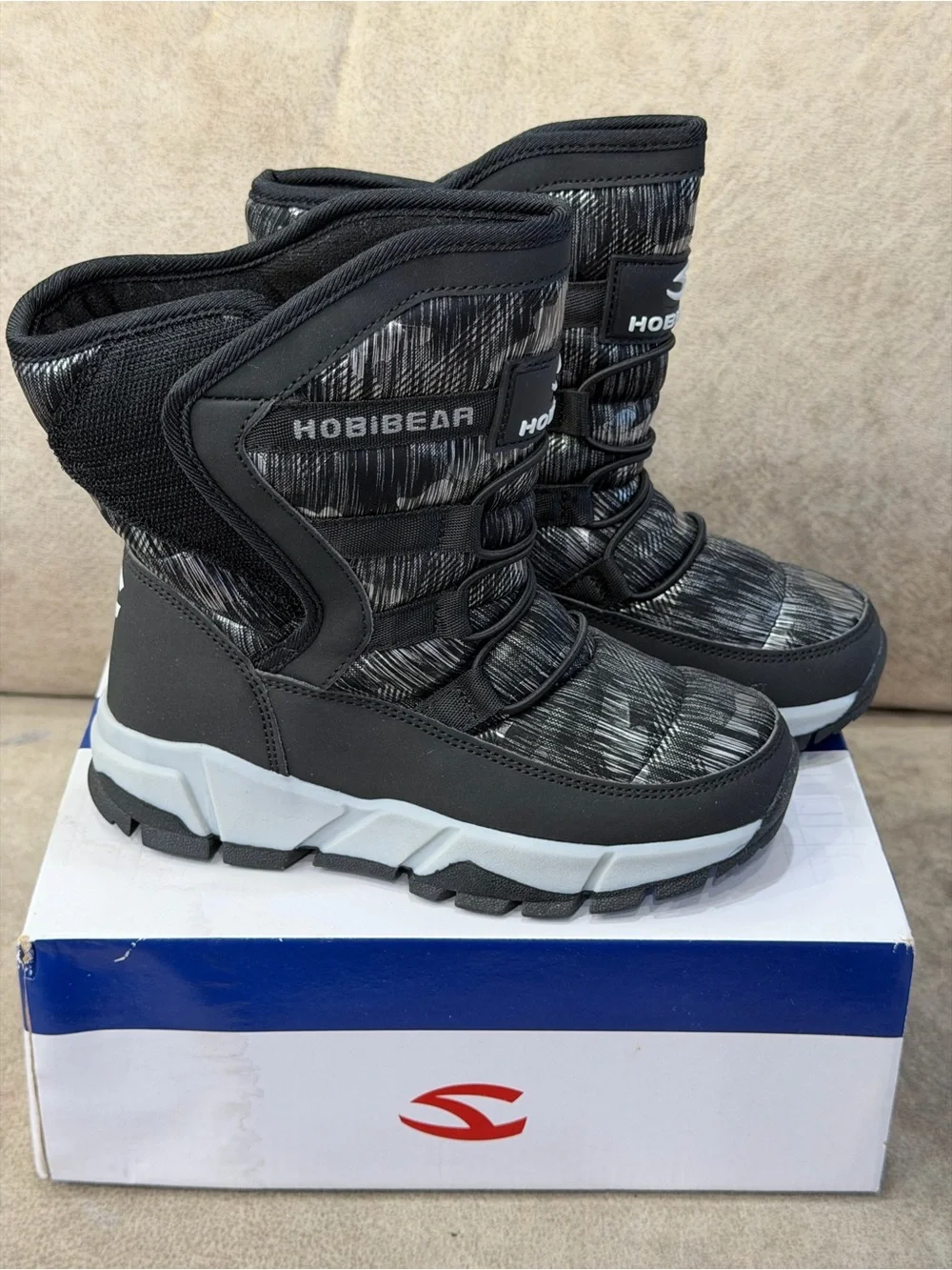 HOBIBEAR Kids Black Gray Camo Winter Snow Boots Size 32 New in Box